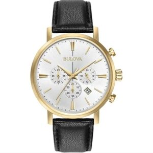 Bulova Men’s Chronograph Watch Leather Strap – Gold Classic Aerojet 97B155